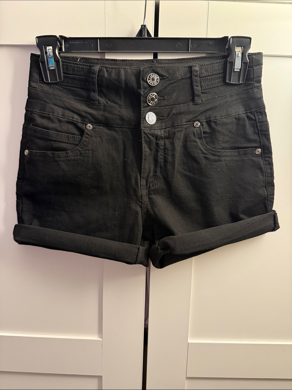 High-Rise Black Jean Shorts with Triple-Button Front